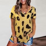Luipaard textuur Print Losse T-shirt met korte mouwen voor dames (kleur: geel maat: L)