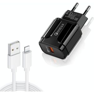 LZ-023 18W QC 3.0 USB Portable Travel Charger + 3A USB naar 8-pins datakabel  EU-stekker(zwart)