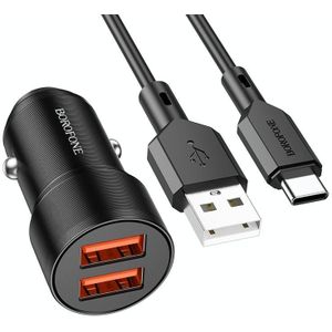 BOROFONE BZ19 Wisdom Dual USB-poorten autolader met USB naar Type-C-kabel