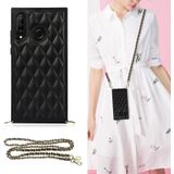 Voor Huawei P30 Lite Elegant Rhombic Pattern Microfiber Leather + TPU Shockproof Case met Crossbody Strap Chain (Black)