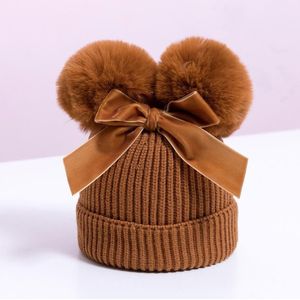 MZ7153 Double Wool Ball Bowknot Kinderen gebreide hoed met katoenen warme babyhoed  grootte: ongeveer 6-36 maanden (donkergeel)