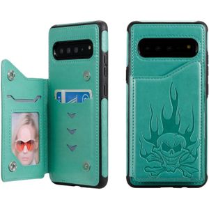 Voor Galaxy S10 5G Skull Head Embossing Pattern Shockproof Protective Case met Houder & Card Slots & Wallet(Green)