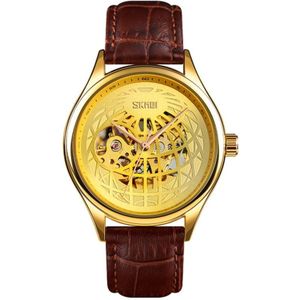 SKMEI 9209 Men Business Automatische Mechanische Horloge Ronde Holle Wijzerplaat Lederen Horloge horloge (Golden Gold)