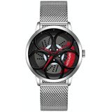 Sanda 1070 3D Ovaal Hol Wiel Niet-roteerbaar Dial Quartz Horloge voor Mannen  Stijl: Mesh Riem (Silver Red)