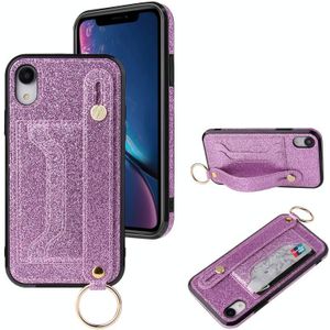 Glitter Powder PU+TPU Schokbestendige beschermhoes met houder & kaartslots & polsbandje voor iPhone X / XS(Paars)