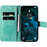 Voor iPhone 12 Pro Max Tree & Cat Relif Patroon Horizontaal Flip Lederen Hoesje met Holder & Card Slots & Wallet & Lanyard(Groen)