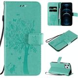 Voor iPhone 12 Pro Max Tree & Cat Relif Patroon Horizontaal Flip Lederen Hoesje met Holder & Card Slots & Wallet & Lanyard(Groen)