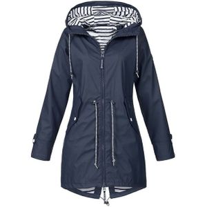 Vrouwen Waterproof Rain Jacket Hooded Regenjas  Size:L (Navy Blue)