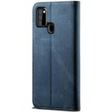 Voor Samsung Galaxy A21s Denim Texture Casual Style Horizontale Flip Lederen case met Holder & Card Slots & Wallet(Blauw)