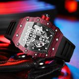 BINBOND B6577 Barrel Shape 30m waterdicht sport quartz horloge (zwart silicium-rood-zwart)