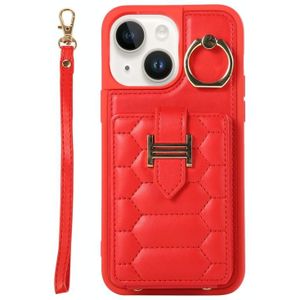Voor iPhone 13 Vertical Card Bag Ring Holder Phone Case met Dual Lanyard (Rood)