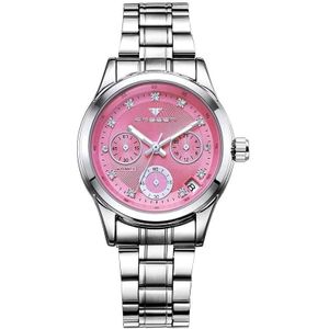 FNGEEN 3579 Dames Fashion Hollow Automatische Mechanische Horloge Kalender Horloge (Witte Stalen Riem Roze Oppervlak)