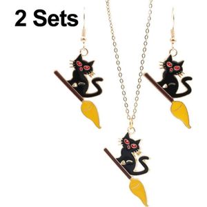 2 Sets grappige Halloween Cat overdreven oorbellen ketting (rode oorbellen+ketting)