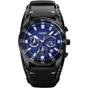 SKMEI 9249 Mannen Moonphase Calendar Stopwatch Lederen band Quartz horloge (zwart blauw)