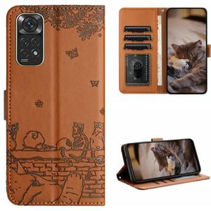 Voor Xiaomi Redmi Note 11 Global Cat Embossing Pattern lederen telefoonhoes met lanyard