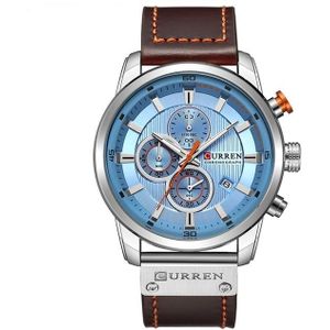 CURRIEs M8291 Chronograaf horloges casual lederen horloge voor mannen (wit geval blauw gezicht)