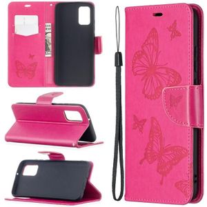 Voor Samsung Galaxy A02s (EU-versie) Relif twee vlinders patroon horizontale flip PU lederen hoesje met houder & kaart slot & portemonnee & lanyard (rose rood)