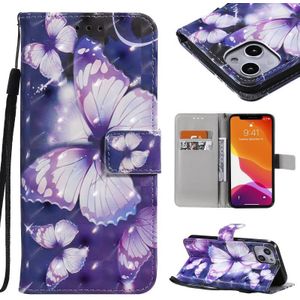 3D Painted Pattern Horizontal Flip Leather Case with Holder & Card Slots & Wallet For iPhone 13(Purple Butterfly)