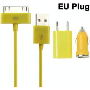 3 in 1 (EU stekker Home Lader  auto-Lader  USB Kabel) Travel Kit voor iPhone 4 & 4S  iPhone 3 g / 3G  iPod Touch(geel)