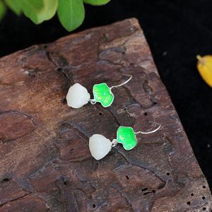 Sterling zilveren natuurlijke Hetian Jade witte jade Lotus ingelegde cloisonn oorbellen