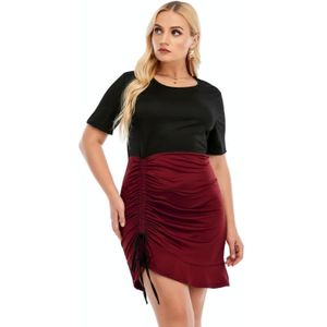 Plus Size Crew Neck Short Mouw Hoge Taille Ruched Jurk (kleur: Wijnrood Maat: XXL)