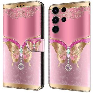 Voor Samsung Galaxy S23 FE 5G Crystal 3D schokbestendige beschermende lederen telefoonhoes (roze onderkant vlinder)