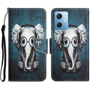 Voor Xiaomi Redmi Note 12 5G Global/Poco X5 gekleurde tekening lederen telefoonhoes (koptelefoon olifant)