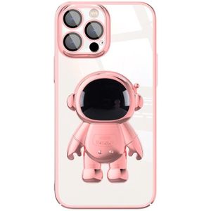 Voor iPhone 14 Pro Galvaniseren PC Astronaut Houder Telefoon Case met Lens Film (Roze)