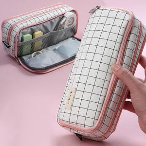 Angoo Double-Open Multi-Layer Briefpapier Potlood Case Multifunctionele Cosmetische Tas (Palm Zwart en Wit)