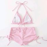 Sexy Laciness Pleated Split Bikini Swimsuit  Size:S(Pink)