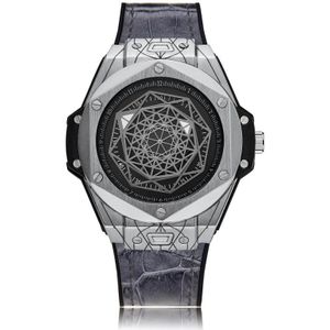 CAGARNY 6868 geometrische veelhoek wijzerplaat quartz horloge met dubbele beweging Heren TPU band horloge (grijze riem zilveren schaal)