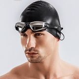 3 in 1 HD waterdicht en anti-mist Large Frame Siamese oordoppen zwembril + badmuts + neusclipset voor mannen en vrouwen(roze)