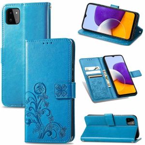 Voor Samsung Galaxy A22 5G vierbladige gesp relif gesp mobiele telefoon bescherming lederen geval met lanyard &card slot &portemonnee &beugel functie (blauw)