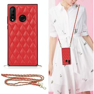 Voor Huawei P30 Lite Elegant Rhombic Pattern Microfiber Leather + TPU Shockproof Case met Crossbody Strap Chain