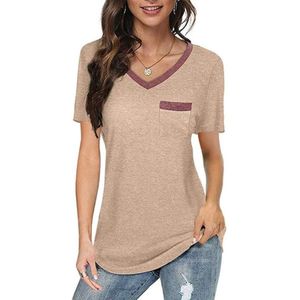 Zomerkleur Matching V-hals Pocket Losse Casual Katoen T-shirt met korte mouwen voor dames (kleur: Abrikoos Maat: L)