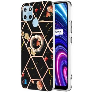 Voor Oppo Realme C21y splitsen marmeren bloempatroon TPU ringhouder (zwarte bloem)