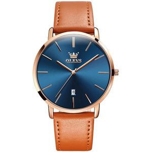 OLEVS 5869 heren zakelijke waterdichte lederen band quartz horloge (blauw + bruin)