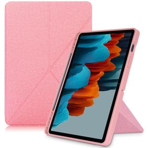 Voor Samsung Galaxy Tab S7 T870 doek textuur multi-folding horizontale flip PU lederen schokbestendig hoesje met houder  slaap / wekfunctie (roze)