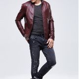 Mannen Slim-fit Washed PU Leather Jacket (Kleur:Red Size:M)