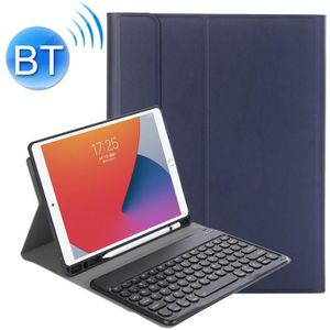 YA102B afneembare Lambskin textuur ronde keycap Bluetooth toetsenbord lederen case met pensleuf en standaard voor iPad 10.2 (2020) & (2019) / Air 3 10 5 inch / Pro 10 5 inch (donkerblauw)