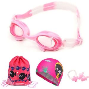 4 in 1 Cartoon Little Crab Waterproof en Anti-fog Siliconen zwembril + Bedrukte patroon Zwempet + Nose Clip Oordoppen + Opbergtas zwemuitrusting set voor kinderen (Roze Vis)