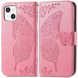 Butterfly Love Flower Relif Horizontale Flip Leren Case met Beugel / Kaart Slot / Portemonnee / Lanyard voor iPhone 13 Mini