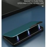 Voor Galaxy A70/A70S zijvensterdisplay met magnetische zuigkracht / beugel / slaapfunctie Flip Phone Leather Case(Blauw)