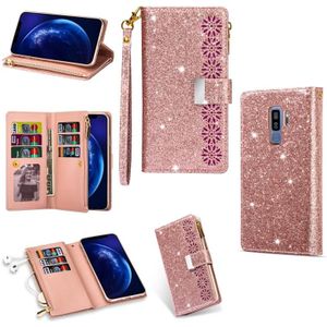 Voor Samsung Galaxy S9+ Multi-card Slots Starry Sky Laser Carving Glitter Zipper Horizontale Flip Lederen Case met Holder & Wallet & Lanyard(Rose Gold)