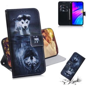 Wolf en hond patroon gekleurde tekening horizontale Flip lederen case voor Xiaomi Redmi 7  met houder & card slots & portemonnee