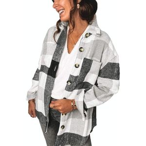 Revers Lange Mouwen Flanel Check Shirt Losse Casual Cardigan Jacket voor Dames (kleur: zwart en wit Maat: XL)