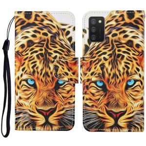 Voor Samsung Galaxy A02s (EU-versie) Gekleurd tekenpatroon horizontaal flip lederen hoesje met houder en kaartsleuven & portemonnee en lanyard (gele luipaard)