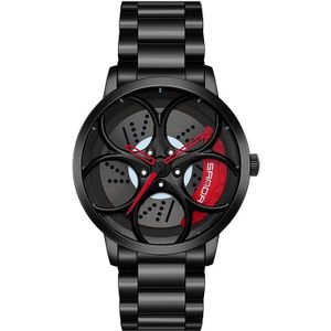 Sanda 1070 3D Ovaal Hol Wiel Niet-roteerbaar Dial Quartz Horloge voor Mannen  Stijl: Stalen riem (zwart rood)
