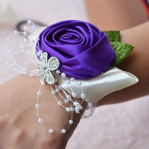 Handgemaakte Wedding Bride pols bloem corsages boeket Corsage Diamond satijn Rose Flowers(Dark Purple)