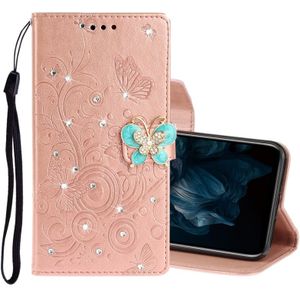 Voor Huawei Y7P / P40 lite E Diamond Encrusted Butterflies Embossing Pattern Horizontale Flip Leather Case met Holder & Card Slots & Wallet & Lanyard(Rose Gold)